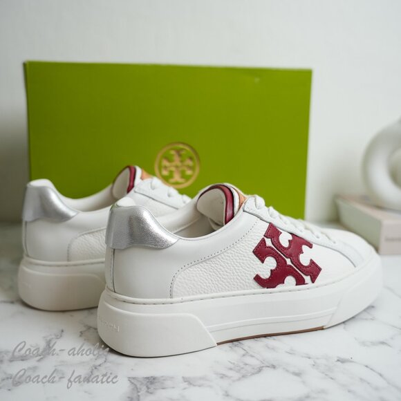 NIB Tory Burch Signature Color Block Platform Leather Sneaker Shoes in White/Red - Picture 7 of 10